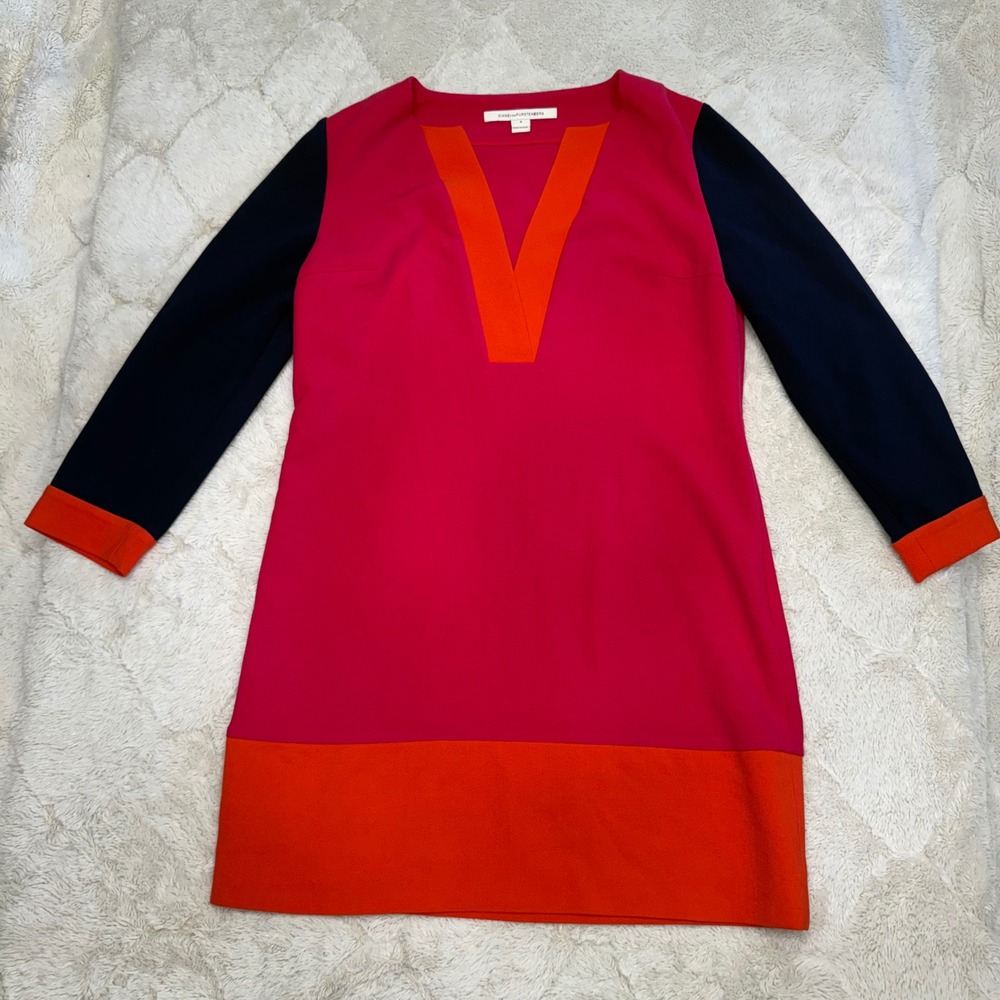 Diane von Furstenberg DVF Dress 8 Pink Orange Navy Colorblock Shift Long Sleeve